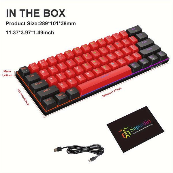 Mechanical gaming keyboard 60 percent compact, green switches, wired for windows laptops, black and red