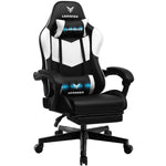 Load image into Gallery viewer, Massage gaming chair in black and white, angled view with the footrest extended