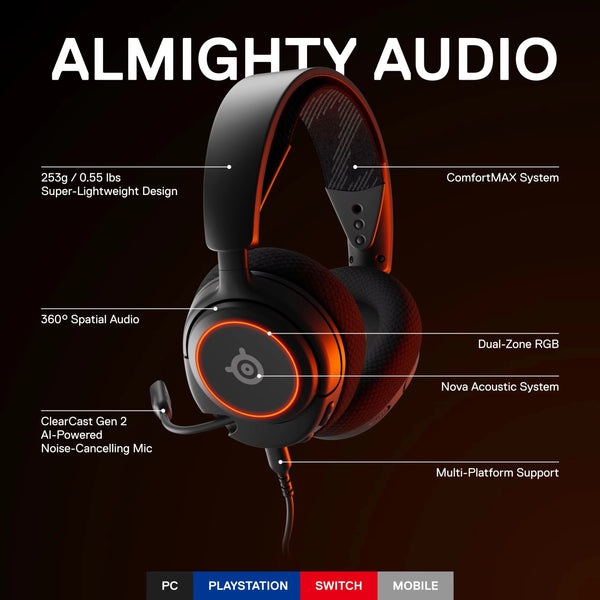Wired gaming headset arctis nova 3 rgb with 360 spatial surround sound clearcast gen 2 microphone anc