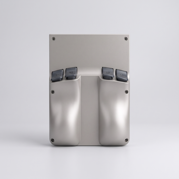 M18 retro handheld games console in silver, back view showing the curved grips and four shoulder buttons