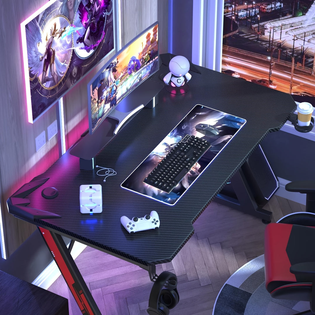44 Inch Z-Shaped Gaming Desk – Premium Carbon Fiber Surface, Cup Holder, Headphone Hook For Immersive Setup
