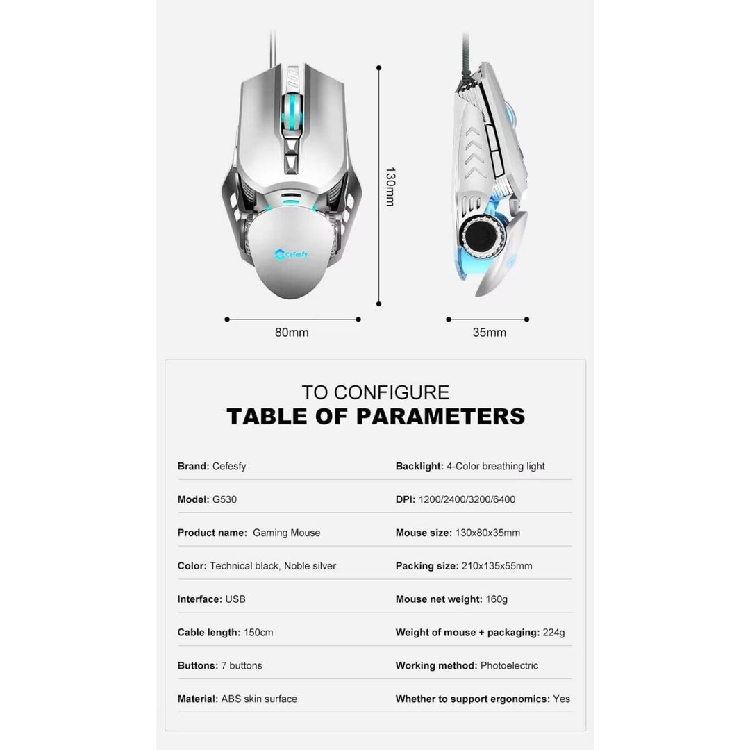 RGB Wired Gaming Mouse – 6400 DPI Optical, Ergonomic, Silent 7 Keys, 4-Color RGB Breathing Lights