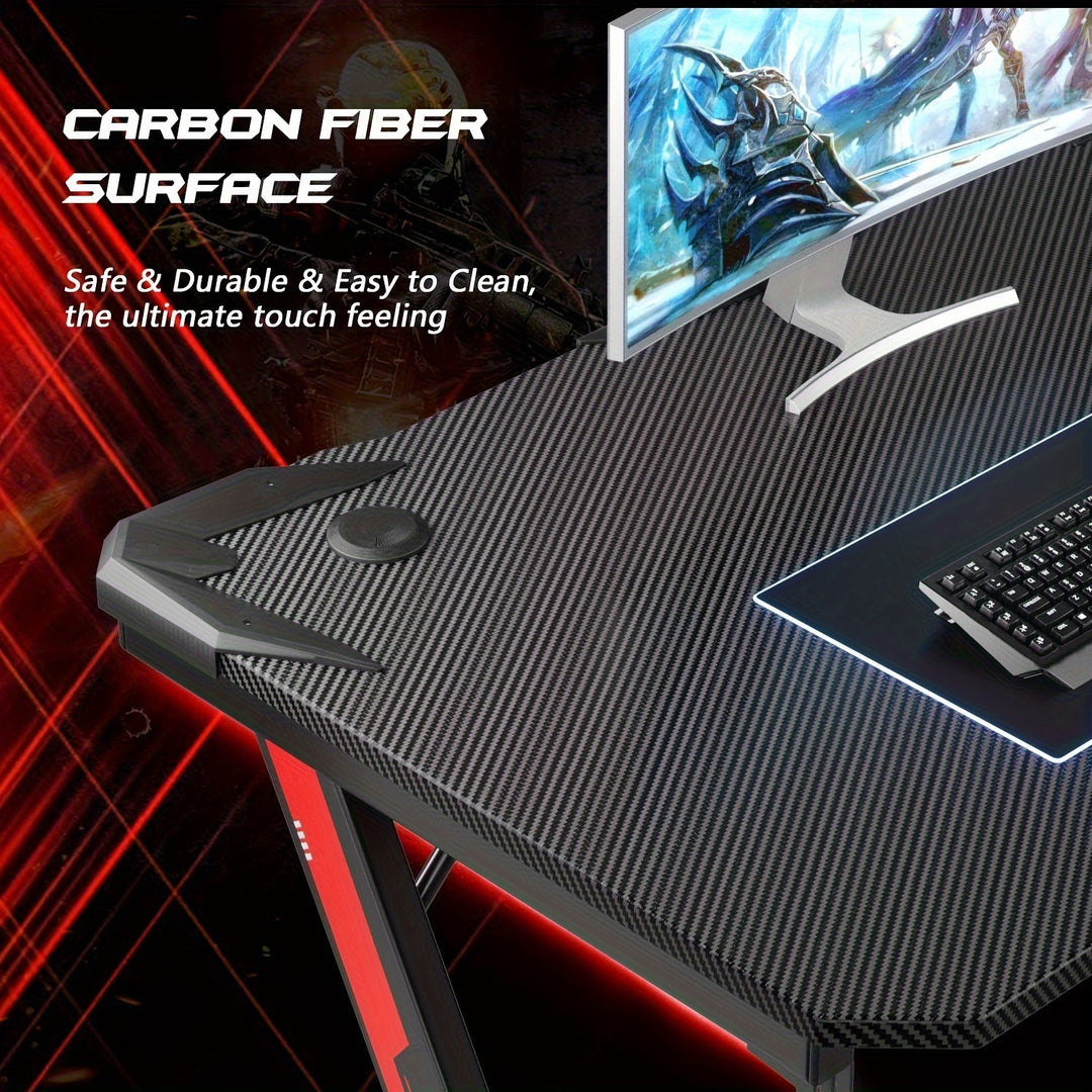 44 Inch Z-Shaped Gaming Desk – Premium Carbon Fiber Surface, Cup Holder, Headphone Hook For Immersive Setup