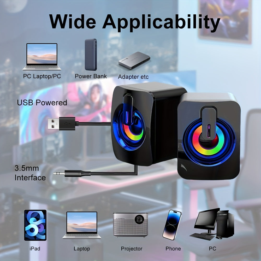 USB Powered Desktop Speakers – 2.0 Channel Stereo For PC With Rainbow RGB Backlight