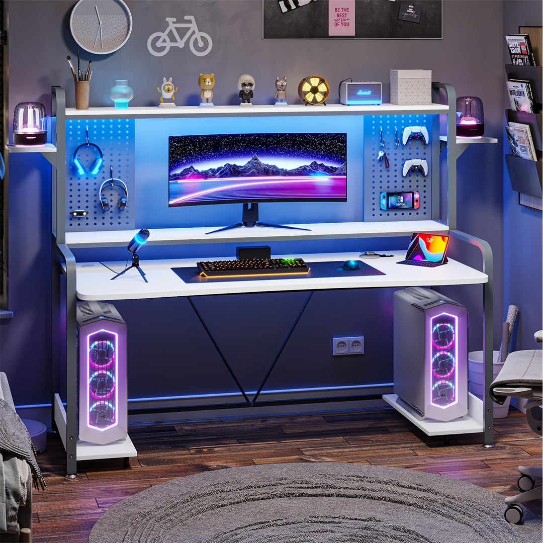Gaming Desk With LED Lighting And Monitor Stand White Computer Table With Pegboard Storage Shelves