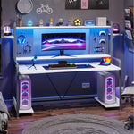 Load image into Gallery viewer, White LED gaming desk with a lit pegboard, monitor stand and two PC towers
