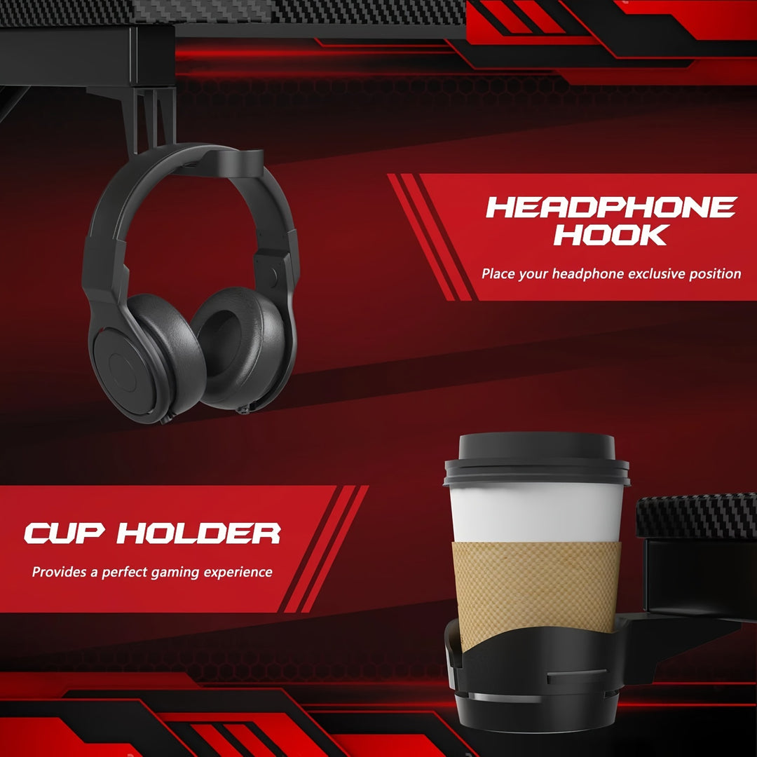 44 Inch Z-Shaped Gaming Desk – Premium Carbon Fiber Surface, Cup Holder, Headphone Hook For Immersive Setup