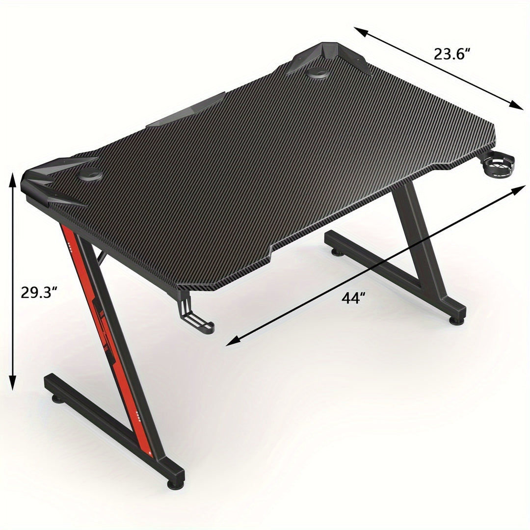 44 Inch Z-Shaped Gaming Desk – Premium Carbon Fiber Surface, Cup Holder, Headphone Hook For Immersive Setup
