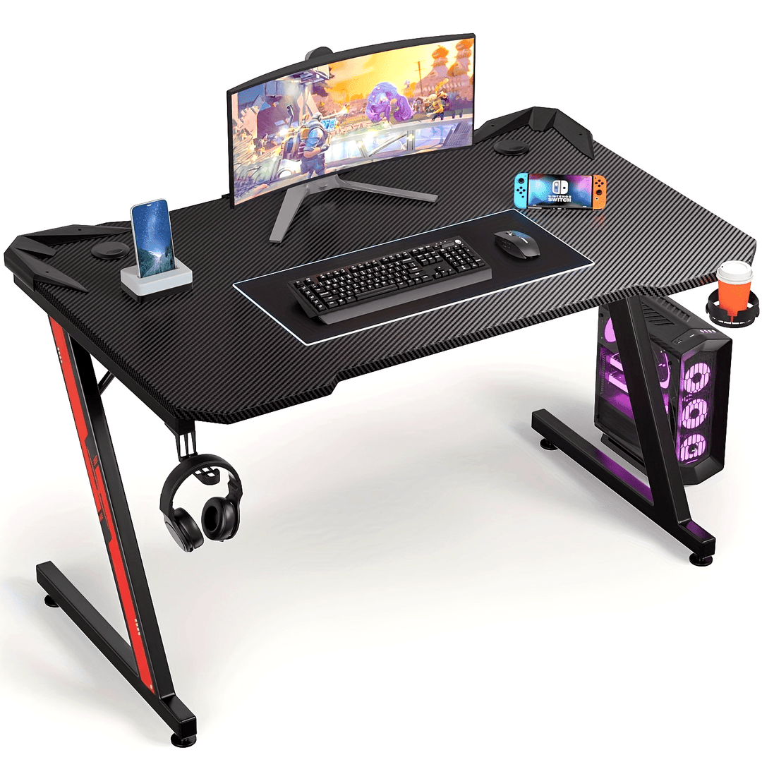 44 Inch Z-Shaped Gaming Desk – Premium Carbon Fiber Surface, Cup Holder, Headphone Hook For Immersive Setup
