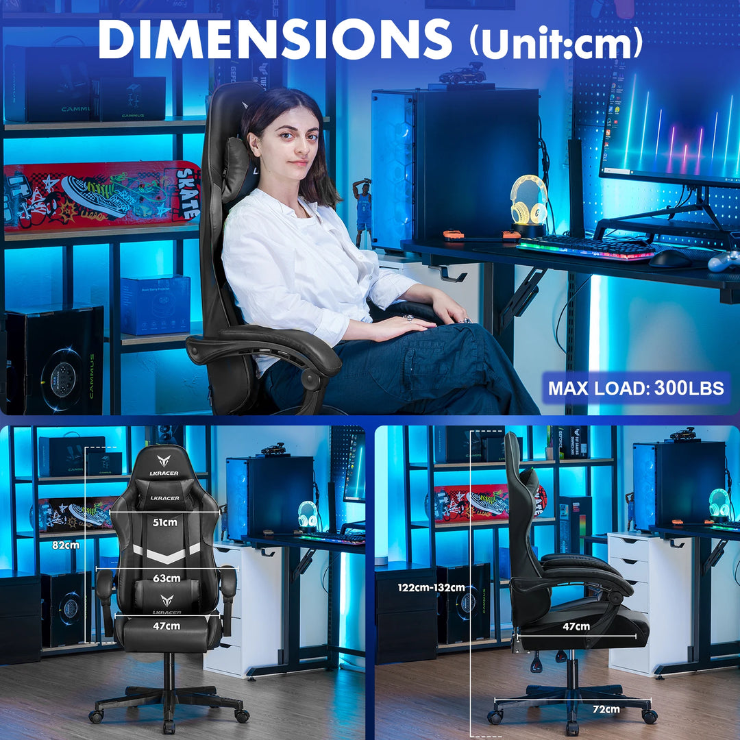 Gaming Chair - Ergonomic Massage With Lumbar Support And Height Adjustable Back, Premium Comfort