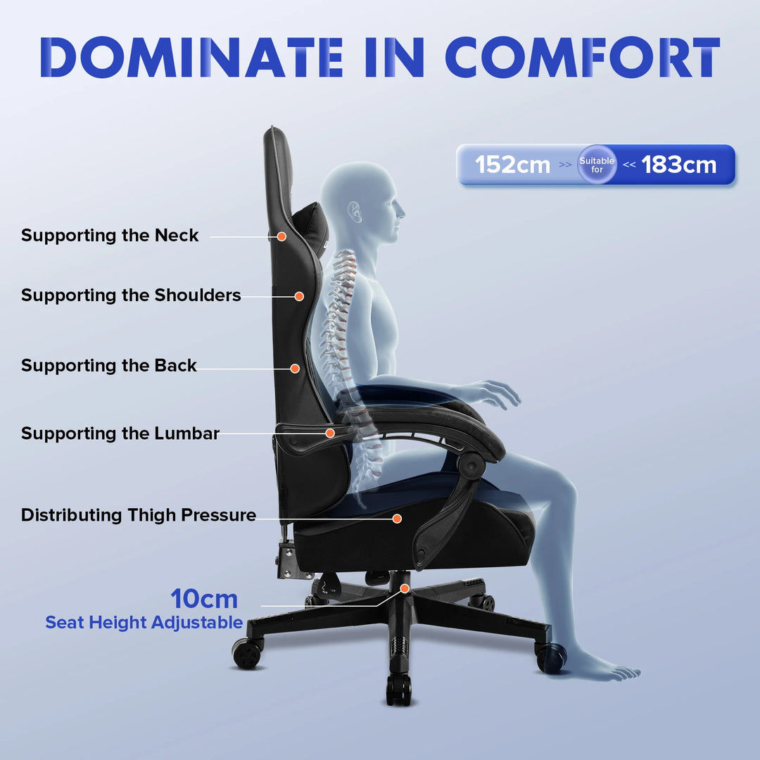 Gaming Chair - Ergonomic Massage With Lumbar Support And Height Adjustable Back, Premium Comfort