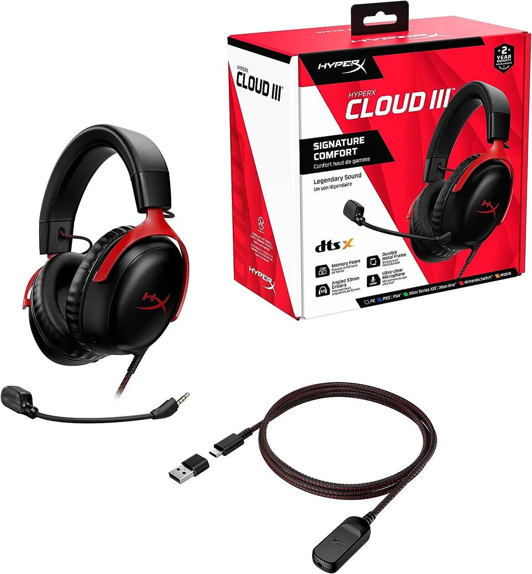 HyperX Cloud III Wired Gaming Headset - Angled 53mm Drivers and Ultra-Clear Microphone for PC PS5 Xbox Series X and S