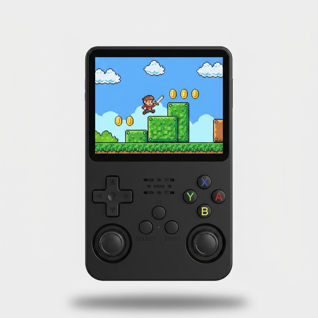 R36S retro handheld games console in black, front view with 3.5 inch IPS screen