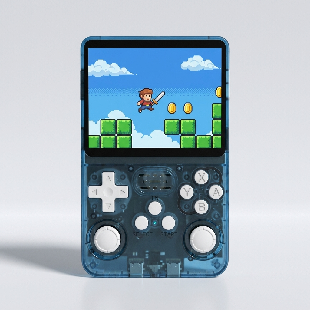 R36S retro handheld games console in lake blue, front view with 3.5 inch IPS screen