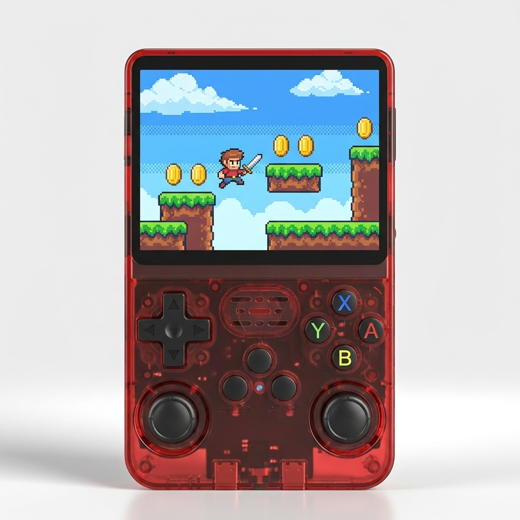 R36S retro handheld games console in red, front view with 3.5 inch IPS screen