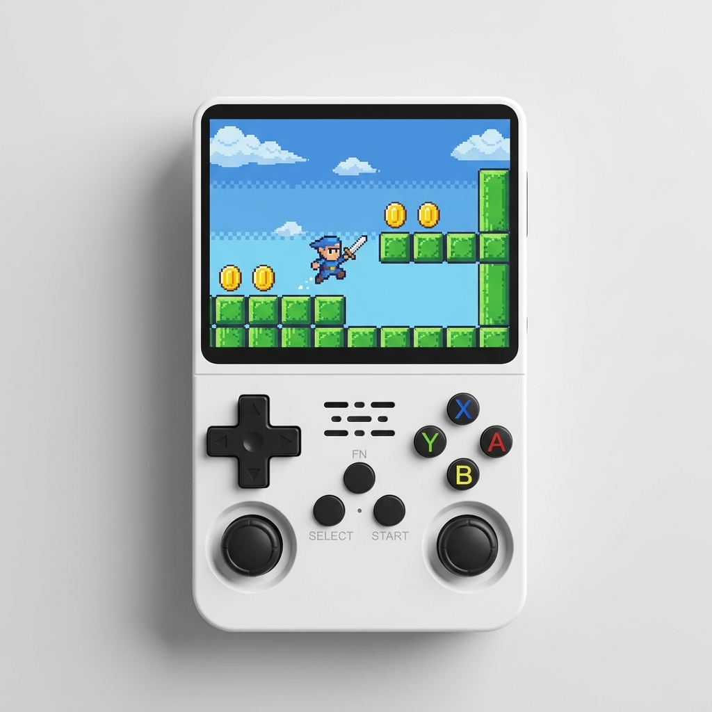 R36S retro handheld games console in white, front view with 3.5 inch IPS screen