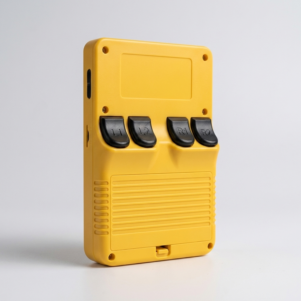 R36S Retro Handheld Console, Yellow, back view angled showing textured grip panel