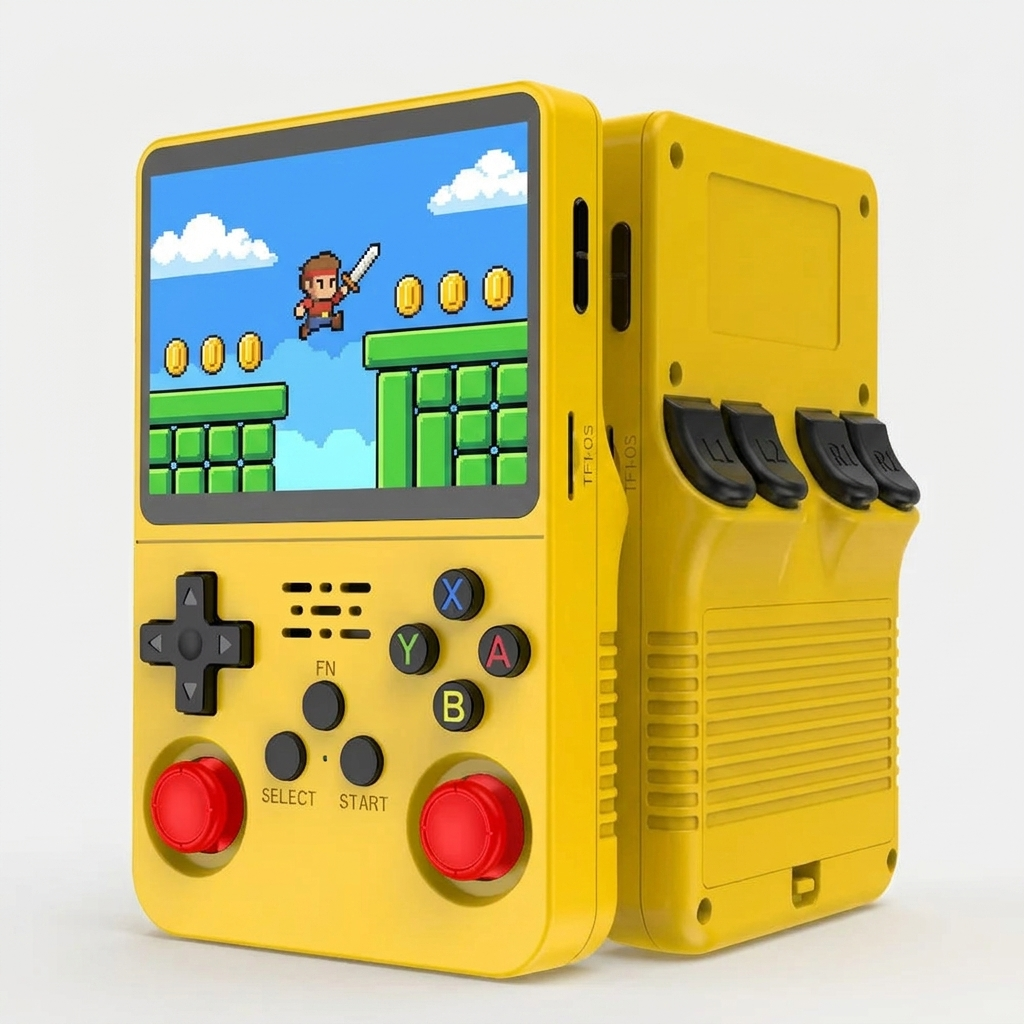 R36S retro handheld games console in yellow, corner angle showing the side shoulder buttons