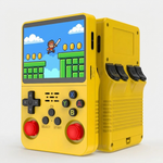 Load image into Gallery viewer, R36S retro handheld games console in yellow, corner angle showing the side shoulder buttons
