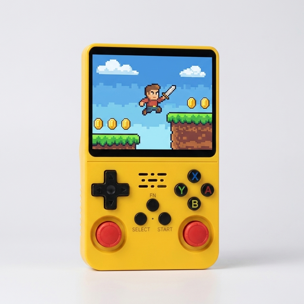 R36S retro handheld games console in yellow, front view with 3.5-inch IPS screen