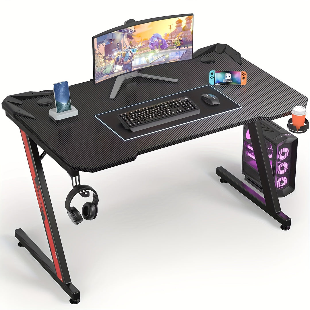 44 Inch Z-Shaped Gaming Desk – Premium Carbon Fiber Surface, Cup Holder, Headphone Hook For Immersive Setup