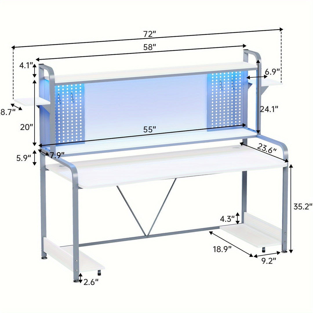 Gaming Desk With LED Lighting And Monitor Stand White Computer Table With Pegboard Storage Shelves