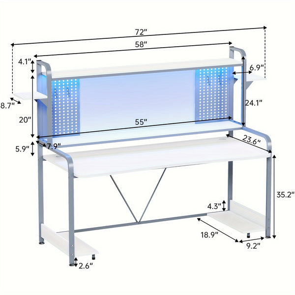 White led gaming desk dimensions, 58 inches wide with a 55 inch pegboard panel