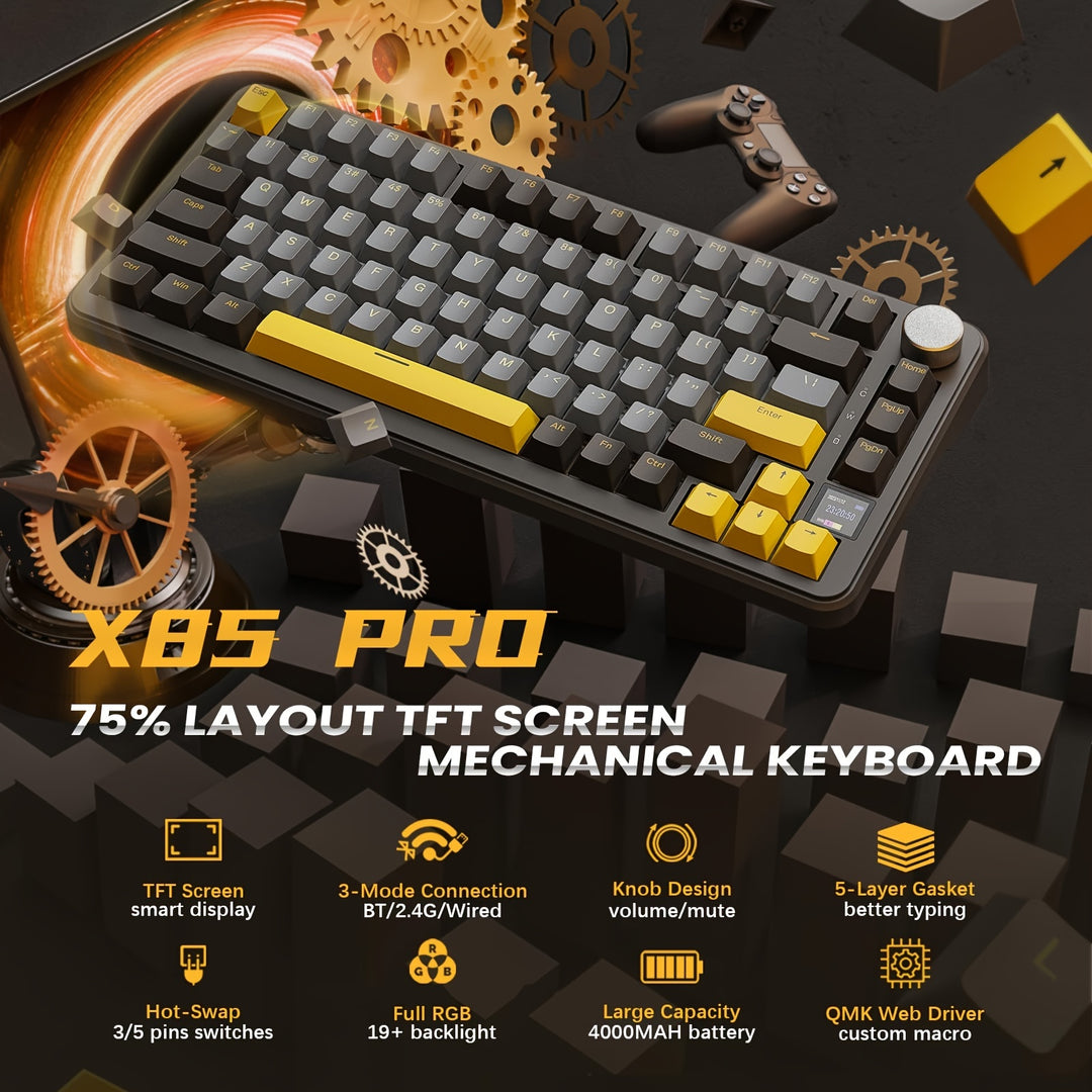 Wireless Mechanical Keyboard - X85PRO TKL 82 Keys With Bluetooth 5.0, 2.4GHz, USB-C, Hot Swappable, Gasket, RGB Backlit