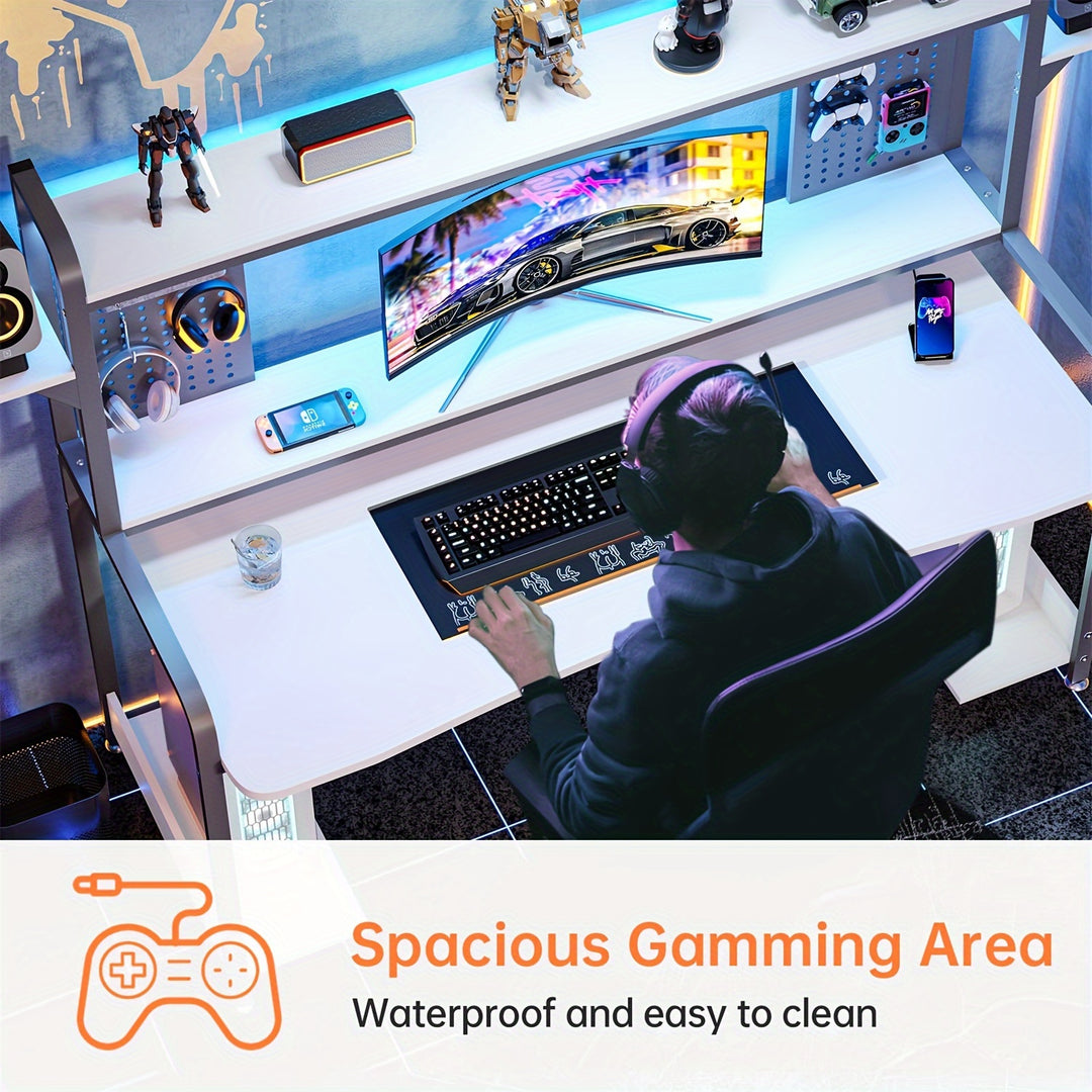 Gaming Desk With LED Lighting And Monitor Stand White Computer Table With Pegboard Storage Shelves