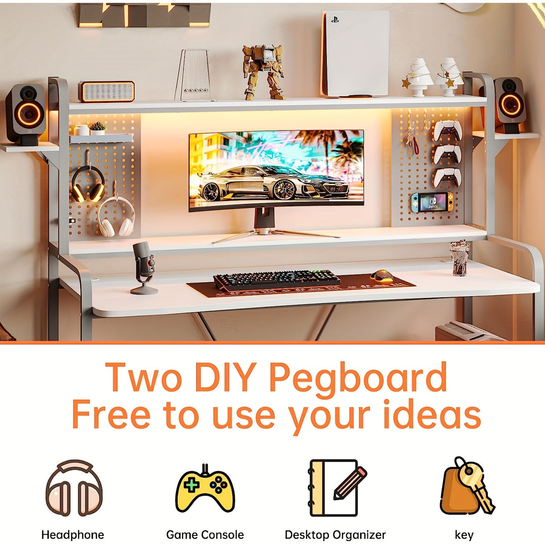 Gaming Desk With LED Lighting And Monitor Stand White Computer Table With Pegboard Storage Shelves