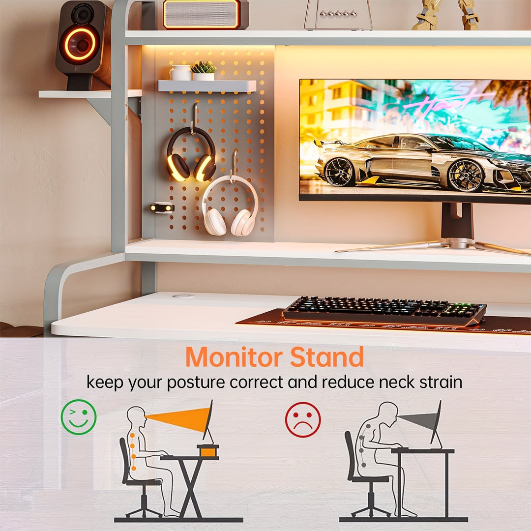 Gaming Desk With LED Lighting And Monitor Stand White Computer Table With Pegboard Storage Shelves