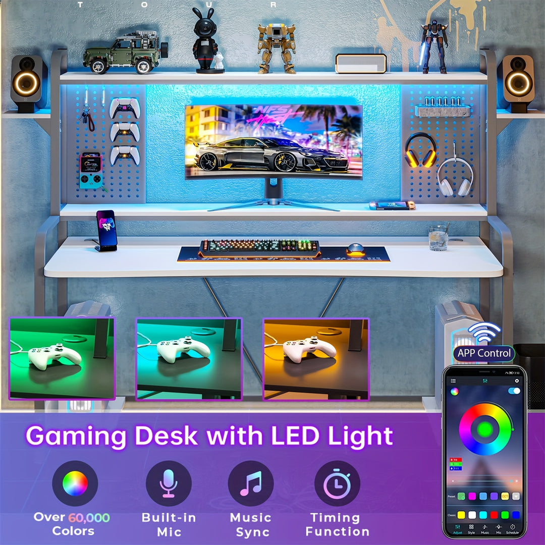 Gaming Desk With LED Lighting And Monitor Stand White Computer Table With Pegboard Storage Shelves