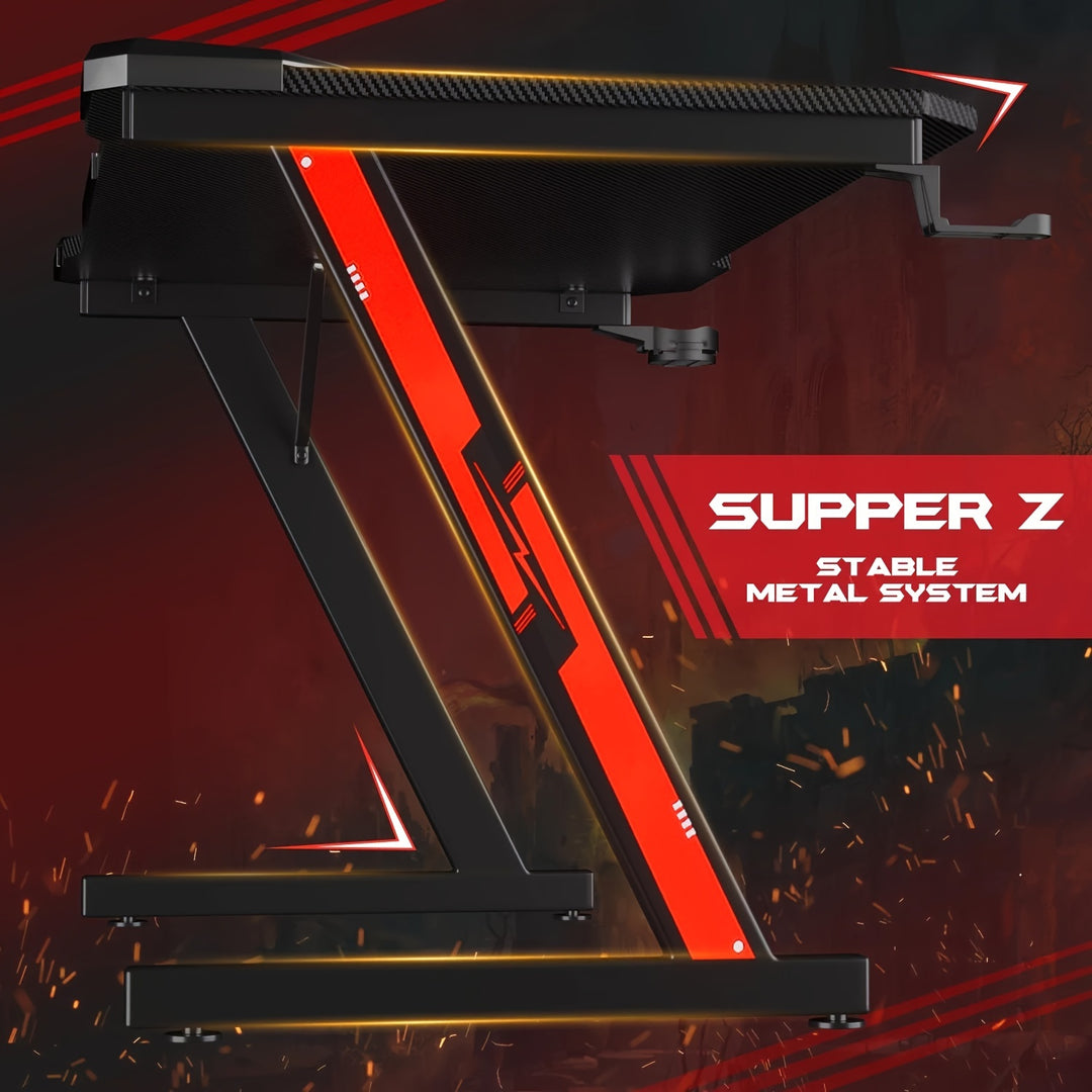 44 Inch Z-Shaped Gaming Desk – Premium Carbon Fiber Surface, Cup Holder, Headphone Hook For Immersive Setup