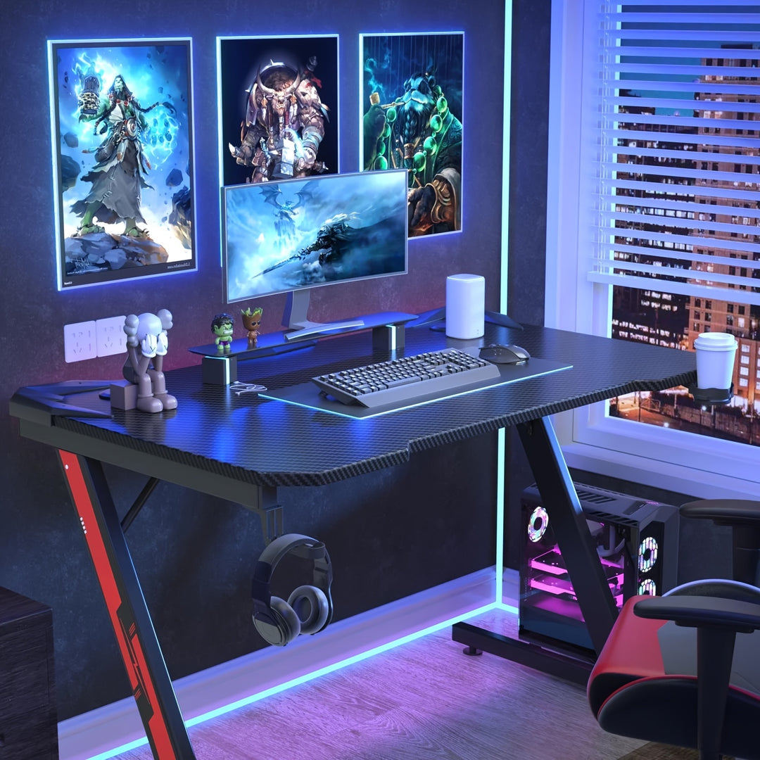 44 Inch Z-Shaped Gaming Desk – Premium Carbon Fiber Surface, Cup Holder, Headphone Hook For Immersive Setup
