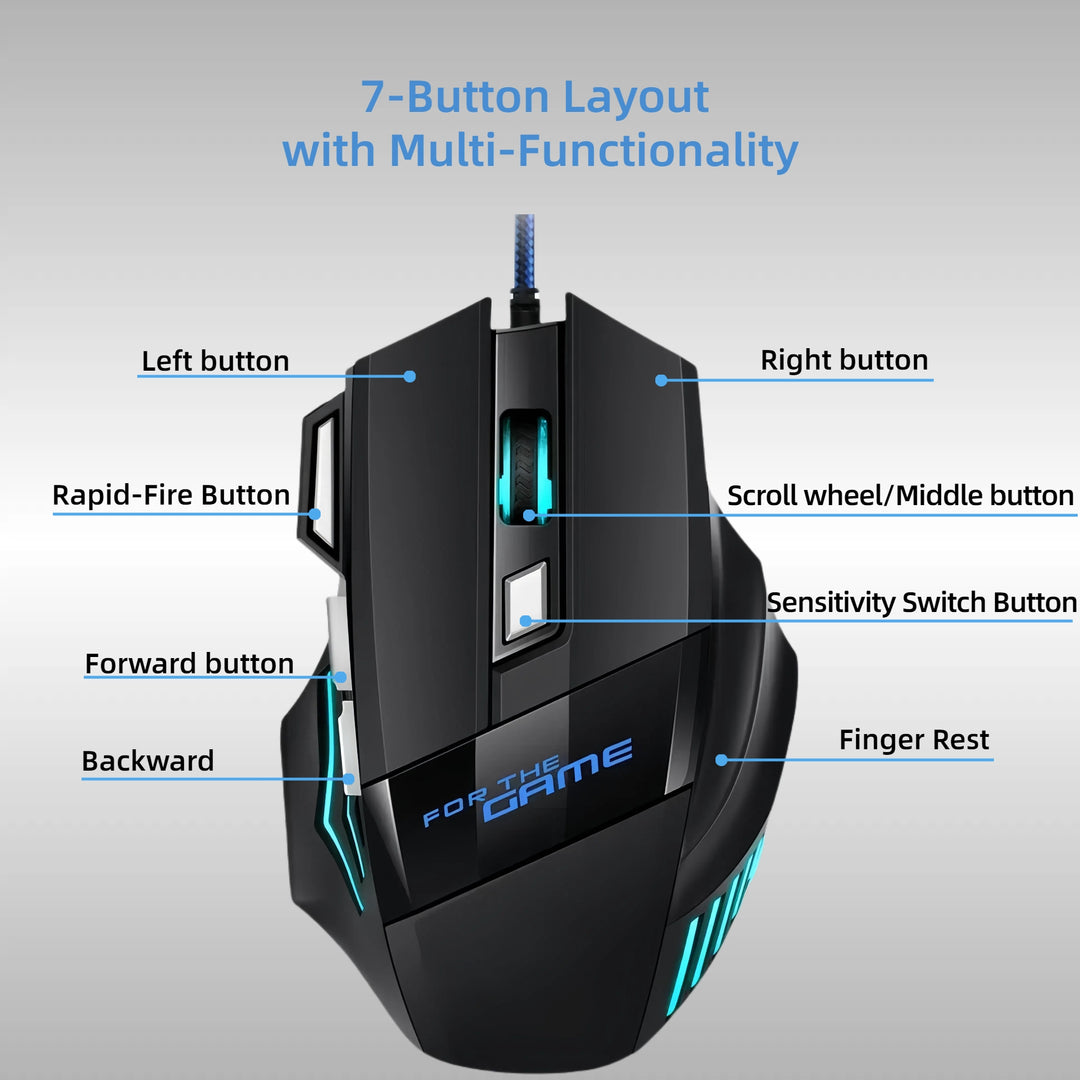 Ambidextrous RGB Gaming Mouse 7 Buttons paired with mechanical keyboard on desk