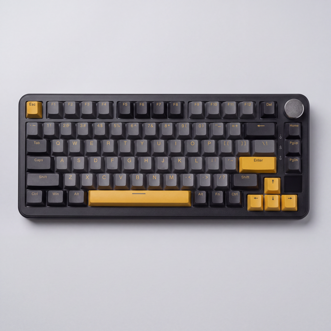 X85PRO mechanical keyboard, overhead view of the 75 percent 82-key layout with volume knob
